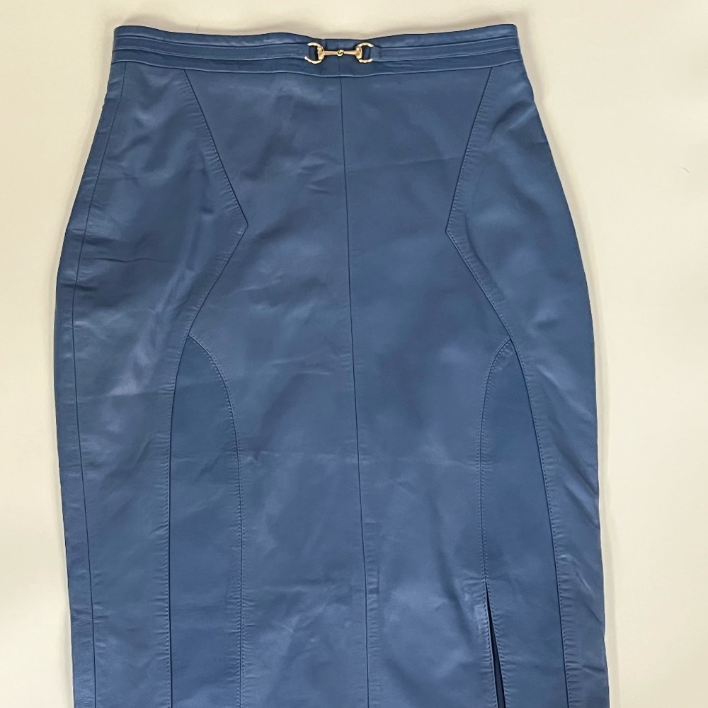 Karen Millen 100% Lamb Nappa Leather Midi Pencil Skirt Blue US 8